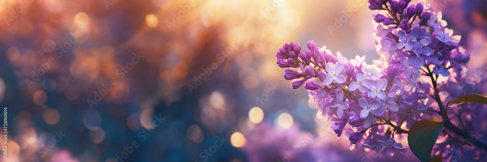 Lilac flowers spring blossom, sunny day light bokeh background