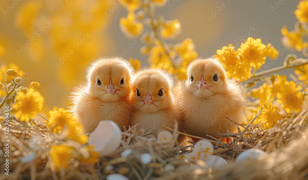Three baby chicks sitting in a nest with yellow flowers. Generative AI