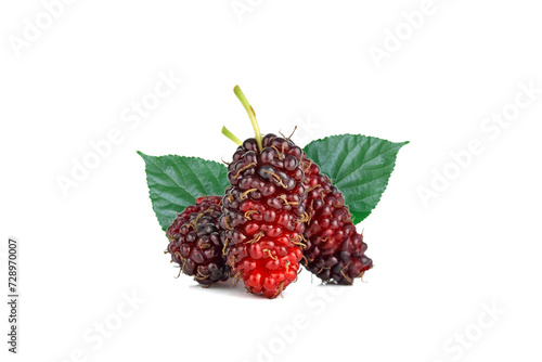 Mulberry fruit with green leaf isolated on white background