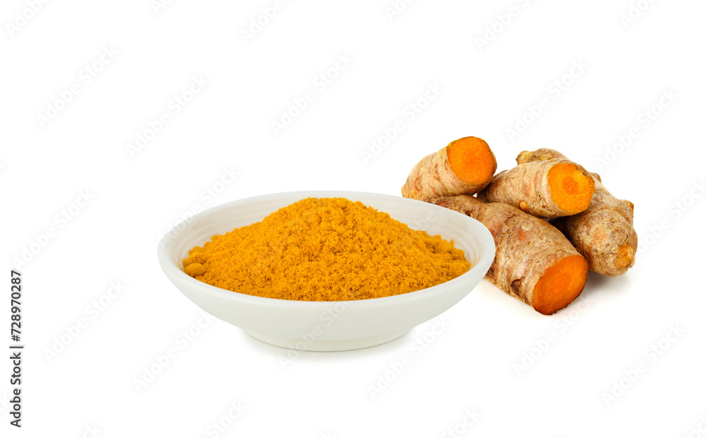 Turmeric powder in bowl isolated on white background Turmeric powder in bowl isolated on white background