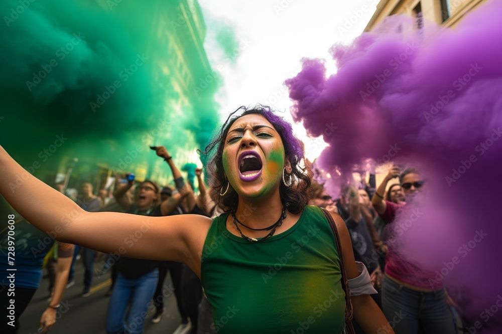 hispanic woman with green clothes shouting through megaphone on feminist protest in a crowd in a big city, purple smoke arround