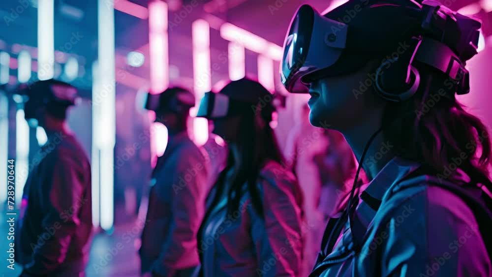 A group of people enjoying a virtual reality experience in a neonfilled room transporting them to a futuristic world. A group of people enjoying a virtual reality experience in a neonfilled room transporting them to a futuristic world.