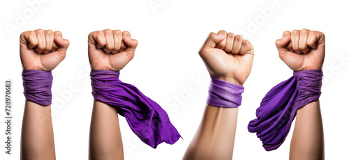 set of women's fists png isolated on a transparent or white background, feminist protest fist rised with a purple rag tied on the wrist