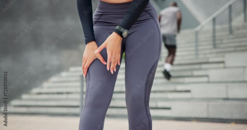 Knee, pain and person with injury from running, outdoor for fitness, exercise and workout in city. Runner, legs and woman with sore muscle, joint or strain in training with orthopedic problem Knee, pain and person with injury from running, outdoor for fitness, exercise and workout in city. Runner, legs and woman with sore muscle, joint or strain in training with orthopedic problem