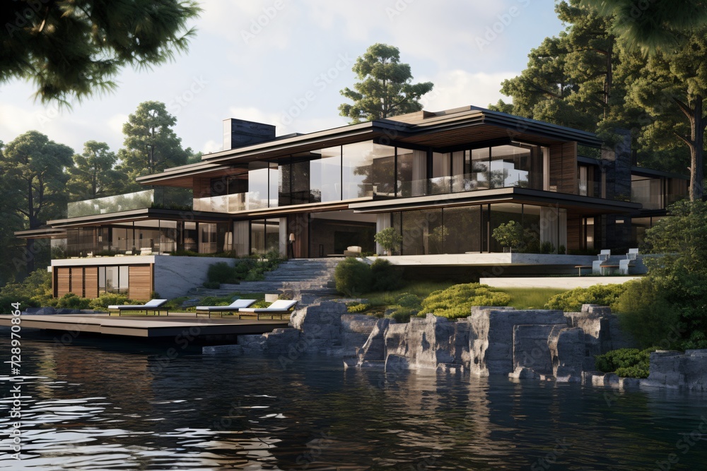 A sustainable house with trees, plants, and garden A sustainable house with trees, plants, and garden
