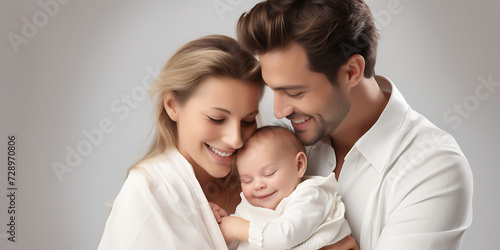 Beautiful young parents with their little daughter lying in bed at home