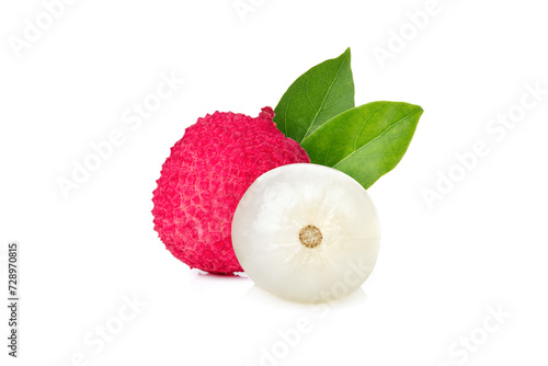Juicy lychee with  leaves isolated on white background