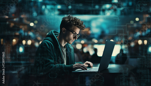 Hacker or programmer man working with a laptop on the desk surrounded by blue glowing data network. Cybersecurity, cyberattack, cybercrime concept. Generative AI.