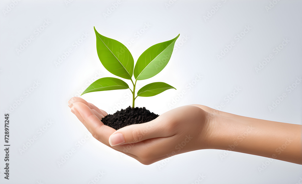 Eco concept embodied by hand holding a delicate green sapling, minimalistic white background, encapsulating simplicity and sustainability. Generative AI