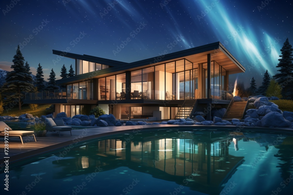A resort  with glass walls in the arctic with northern lights in the backdrop