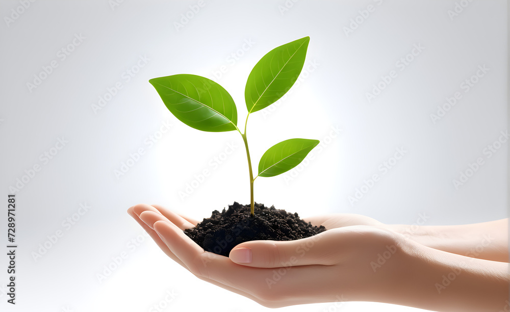 Eco concept embodied by hand holding a delicate green sapling, minimalistic white background, encapsulating simplicity and sustainability. Generative AI Eco concept embodied by hand holding a delicate green sapling, minimalistic white background, encapsulating simplicity and sustainability. Generative AI