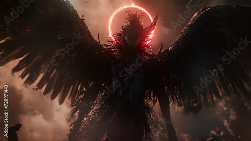 A shadowy seraph with glowing red eyes its wings made of rusted metal and its halo flickering in and out of existence.