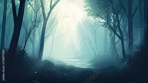 beautiful nature landscape, misty forest background illustration