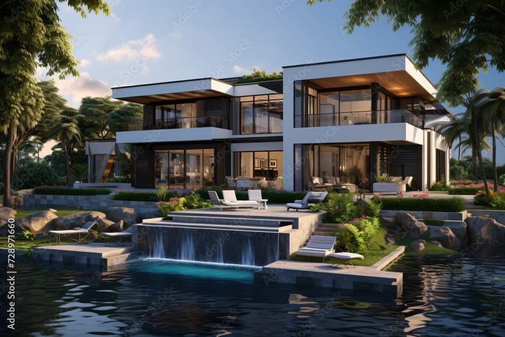 Illustration of a luxurious villa or mansion near the lake Illustration of a luxurious villa or mansion near the lake
