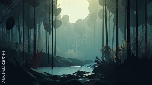 beautiful nature landscape, misty forest background illustration