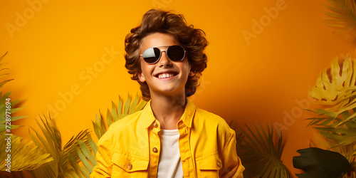 smiling cute boy looking at camera and posing against yellow background