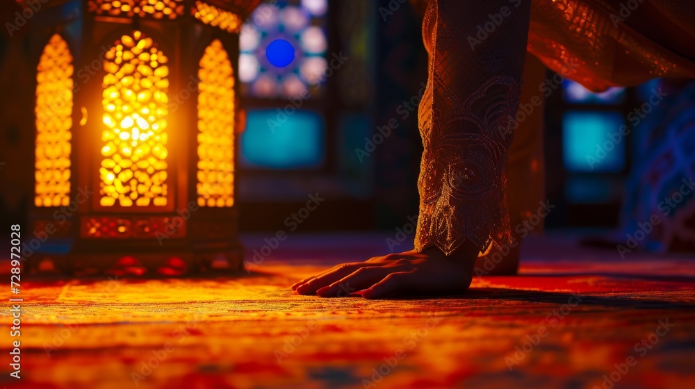 person’s hand is gently placed on an intricately designed carpet