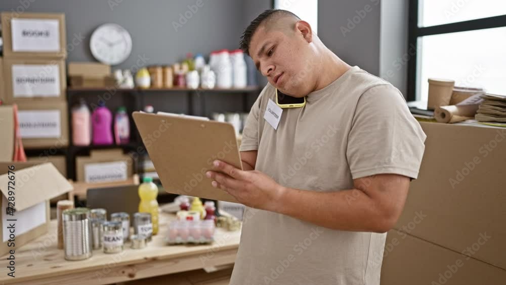 Dedicated young latin man engrossed in conversation on smartphone, diligently writing checklist for volunteer work at the heart of a charity center Dedicated young latin man engrossed in conversation on smartphone, diligently writing checklist for volunteer work at the heart of a charity center