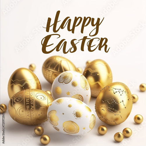 Happy Easter calligraphy greeting card with golden easter eggs background, Pascha or Resurrection Sunday