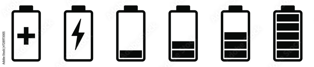 Battery GSM icon set. Isolated black smartphone battery level indicator icons on white background. Concept power, energy, low , full, emplty, load. UI elements symbols. Vector design. Battery GSM icon set. Isolated black smartphone battery level indicator icons on white background. Concept power, energy, low , full, emplty, load. UI elements symbols. Vector design.