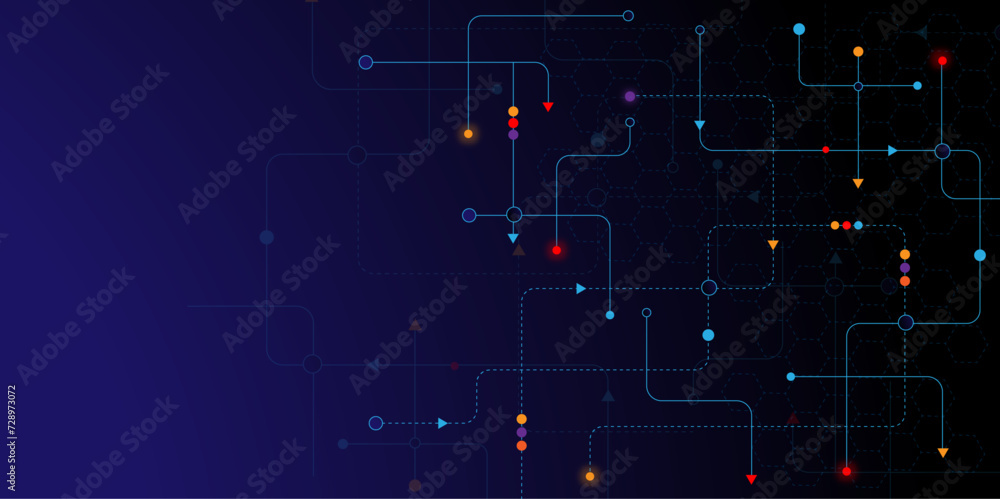 Vectors Technology blue background. Network technology and Connection concept. Circuit connects lines and dots. Decentralized network nodes connections.