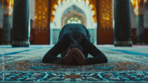 person is seen kneeling down on an ornate and colorful rug with their hands together and head bowed in a posture of devotion or prayer