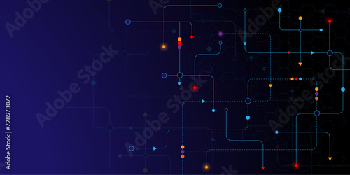 Vectors Technology blue background. Network technology and Connection concept. Circuit connects lines and dots. Decentralized network nodes connections.