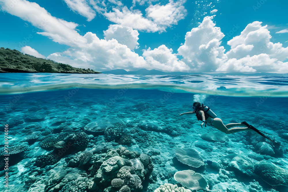 A boy and a person snorkeling in a transparent ocean seeing fishes and coral