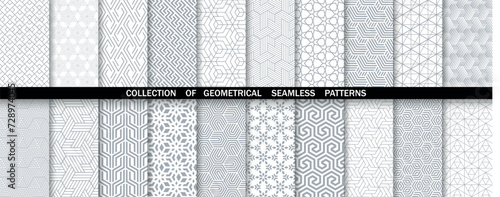 Geometric set of seamless gray and white patterns. Simple vector graphics.
