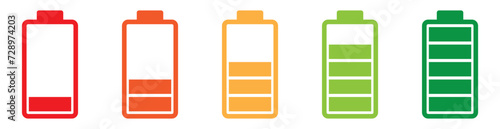 Set of vertical battery level indicators in percentage vector. Battery indicator symbols. 0-100 percent.
