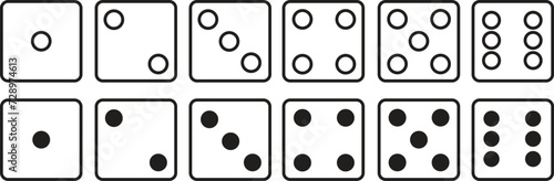 Dices linear Icons Set. Casino Dices from one to six Dots on transparent background. Excitement Symbols editable stock. Passion Logos. Gambling for casino equipment. Icons for fortune game player.