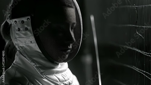 Behind the Lines A black and white portrait of a fencer in their fencing mask, standing on the sidelines and watching their opponent with a fierce determination. photo