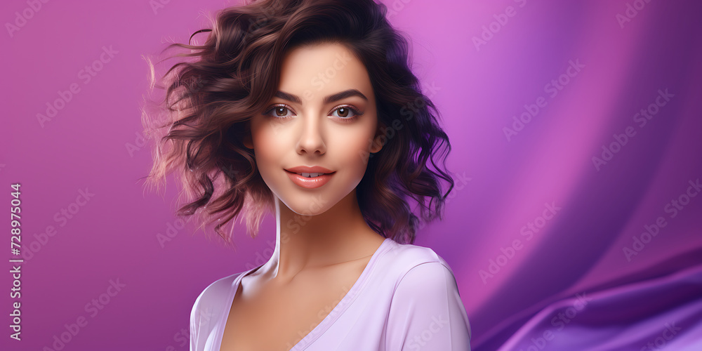 Portrait of beautiful young woman with long curly hair on pink background fashion model