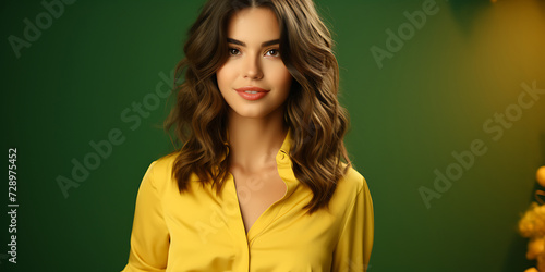 Portrait of beautiful young woman with makeup in fashion dress on dark green background © Graphicsstudio 5