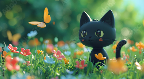 3d render of a cat sitting in the grass with flowers and butterflies