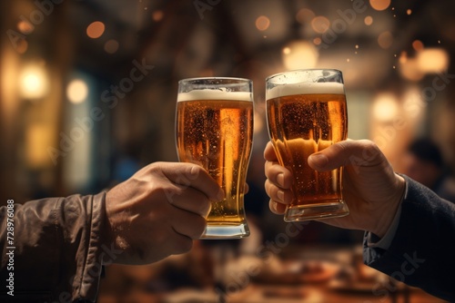 Two beer or alcohol glasses clinking for cheers photo