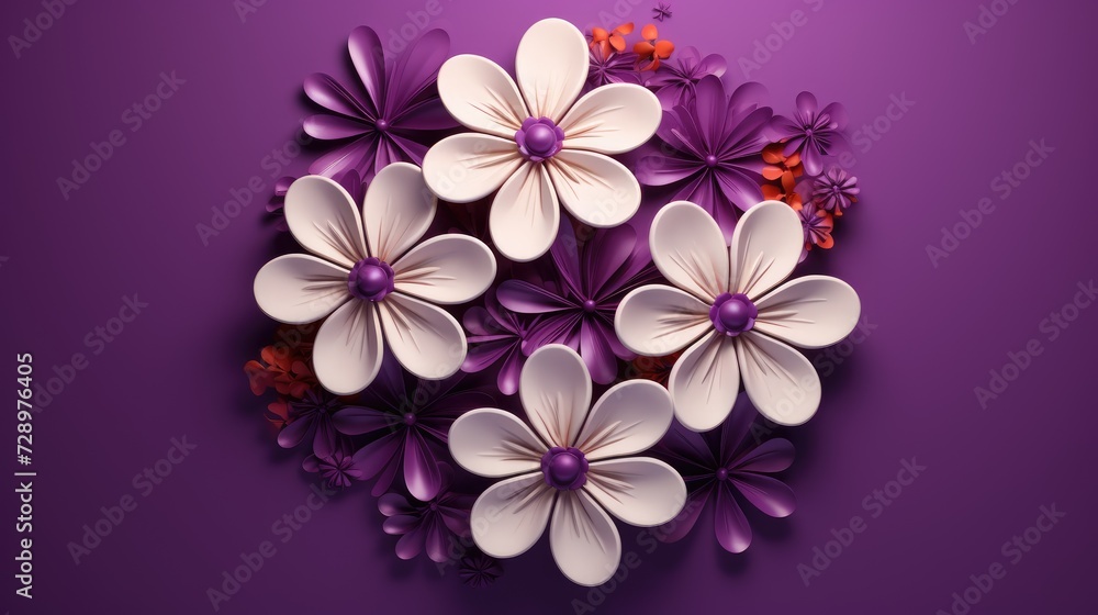 Flowers on a purple background with space to copy. Romantic feminine composition. An invitation to a wedding. A greeting card for Women's Day. Flowers on a purple background with space to copy. Romantic feminine composition. An invitation to a wedding. A greeting card for Women's Day.