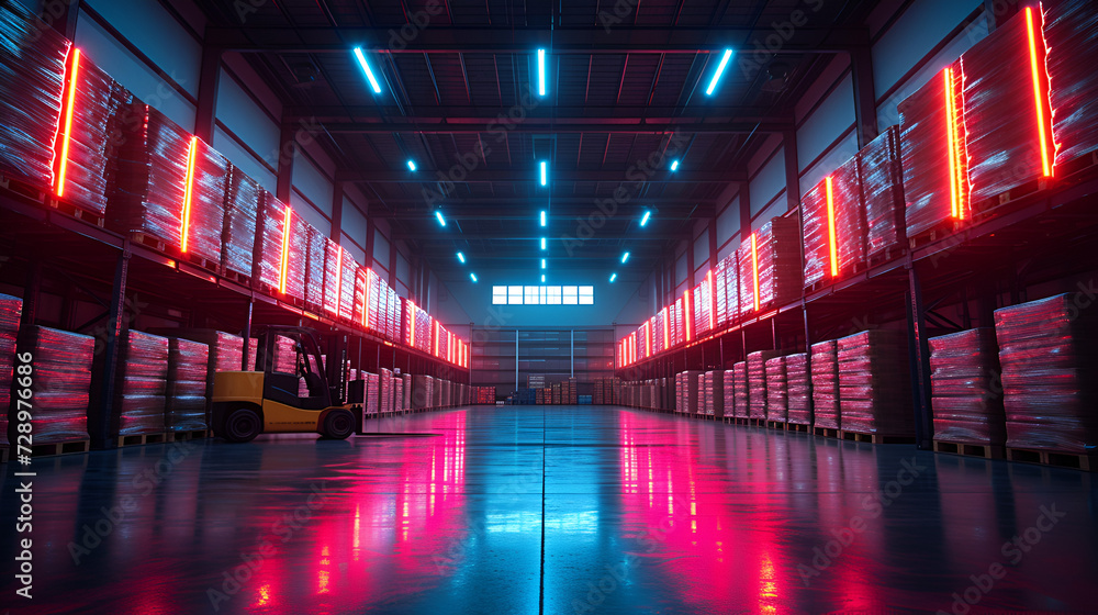 Fototapeta premium Warehouse - meticulous symmetry - low angle shot - shipping and receiving - logistics - port - in land port - warehousing - neon lighting 