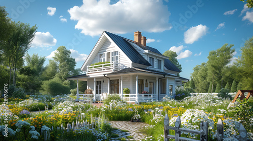 A charming detached house with a wrap-around porch, surrounded by wildflowers and a white wooden fence, in the countryside photo