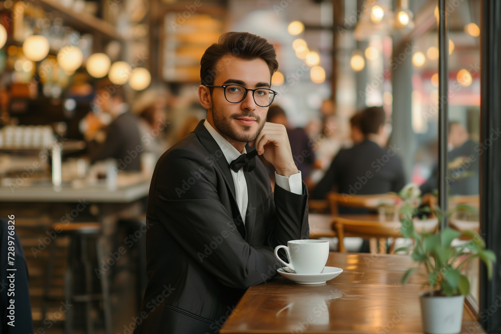 In a bustling cafe, a sharply dressed business professional leans against a high table, cradling a coffee mug.