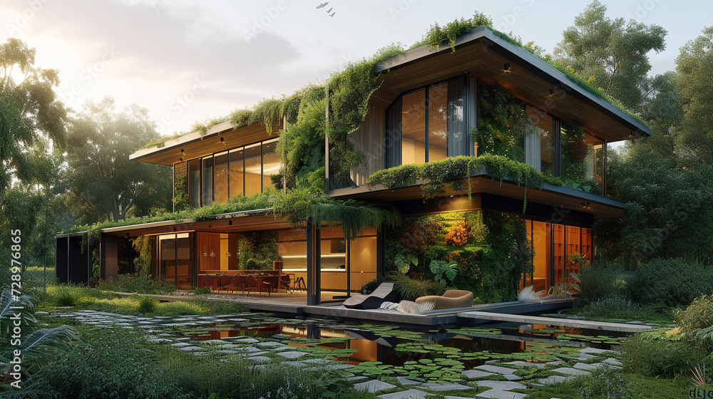 A futuristic detached house with solar panels, green living walls, and an integrated rainwater collection system, showcasing sustainability