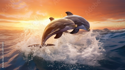 Two beautiful dolphins jump over the rising waves. Marine animals in their natural habitat.