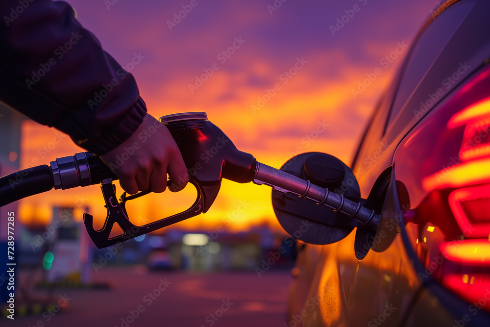 a gas station scene at dusk, with warm hues of orange and purple in the sky. The focus is on a close-up of a hand holding the fuel nozzle, inserted into the gas tank of a car - obrazy, fototapety, plakaty 
