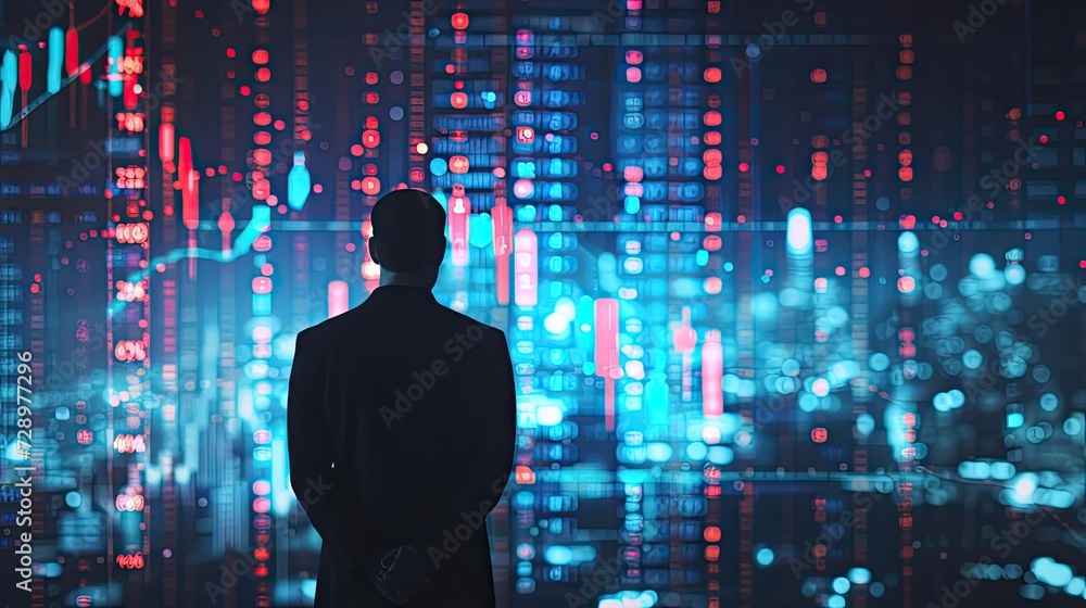 Man Standing in Front of Digital Chart Background, Generative AI Man Standing in Front of Digital Chart Background, Generative AI