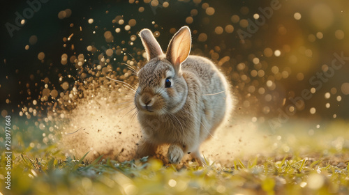 A rabbit making a quick turn as it runs across a field, kicking up a small cloud of dust behind it