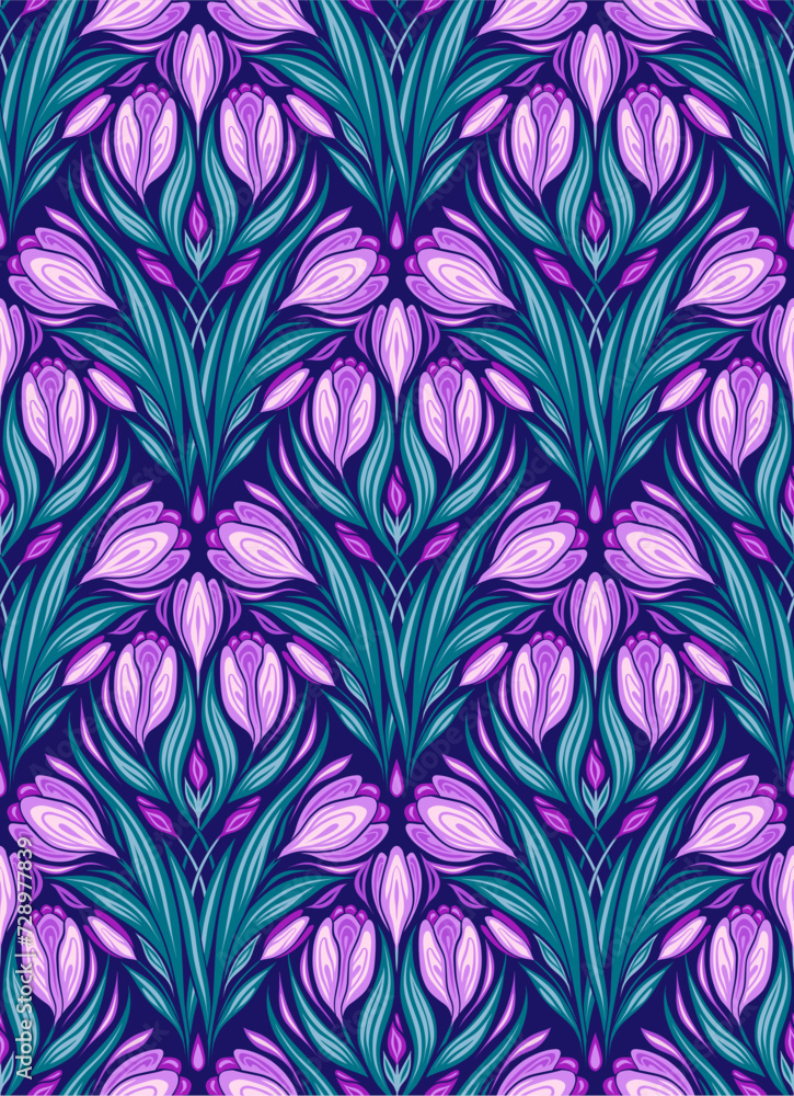 Vector seamless pattern with crocuses. Surface design with decorative spring flowers on violet background. Floral texture