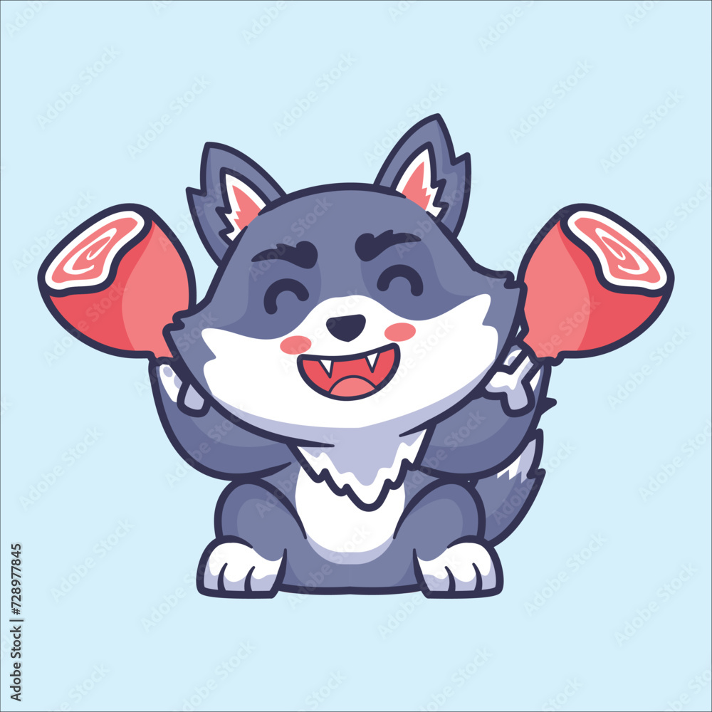 Happy wolf holding meat cartoon character illustration Happy wolf holding meat cartoon character illustration