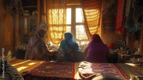 ndividuals are sitting on a colorful rug that contrasts with the aged surroundings photo