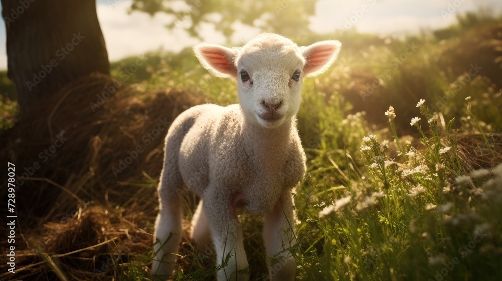 Fototapeta premium A little lamb is standing in a field. Agricultural industry.
