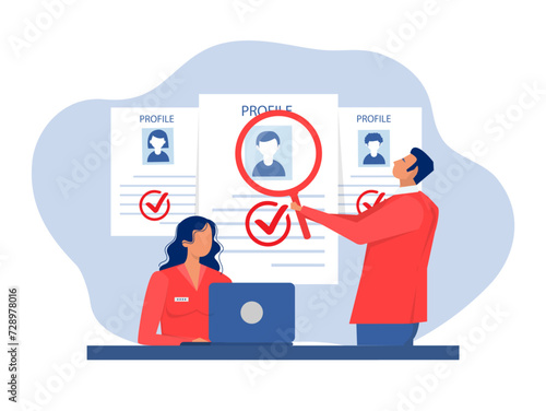 HR Manager ,Business woman searching new employee, select resumes of job seekers. choosing best candidate for job. Recruitment. Agency interview. Human Resource Management and Hiring.